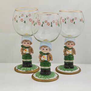 1980s Porcelain Figurine Wine Glasses set-3 by JSNY Taiwan whimsical sweet wine